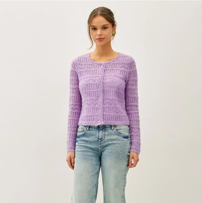 Openwork Knit Scalloped Edge Cardigan - Buttermilk/Lavender