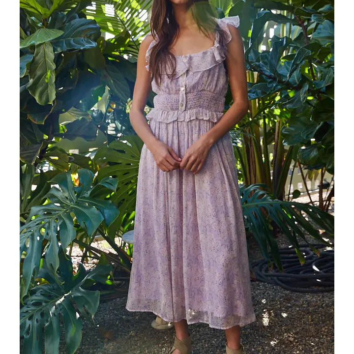 dress floral chiffon polyester Woven Print Smocked Crown Mark Elmer 6 eyelet lace dress Square Neck Tamanho:S