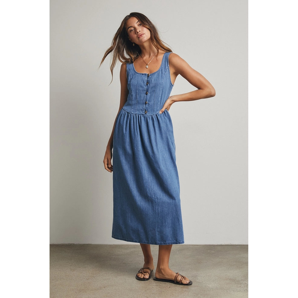 denim button front midi dress Cache Denim Button Down Midi Dress