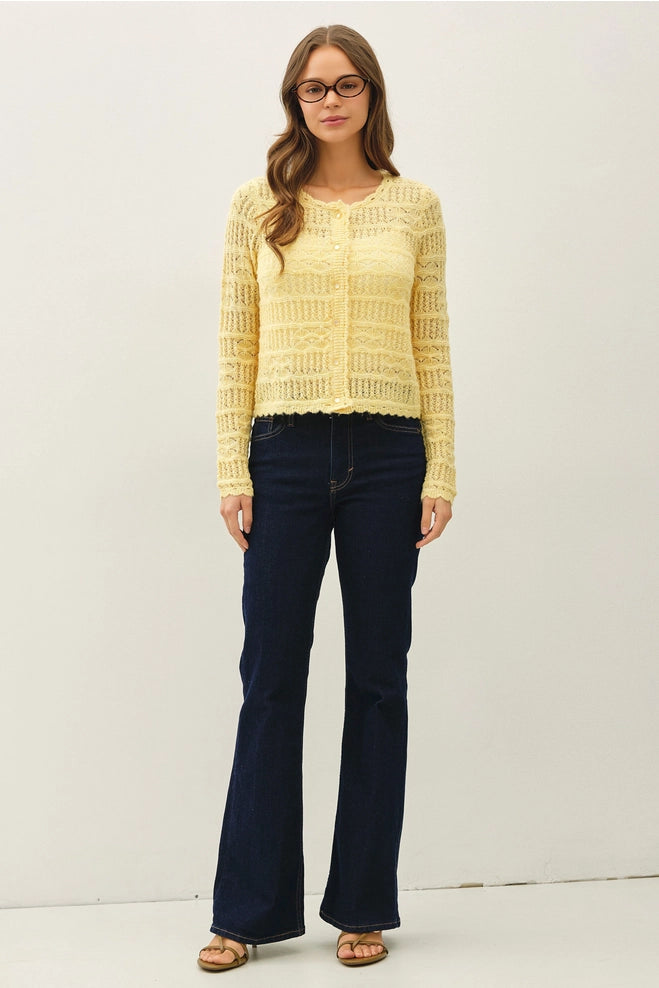 Openwork Knit Scalloped Edge Cardigan - Buttermilk/Lavender Openwork Knit Scalloped Edge Cardigan - Buttermilk/Lavender