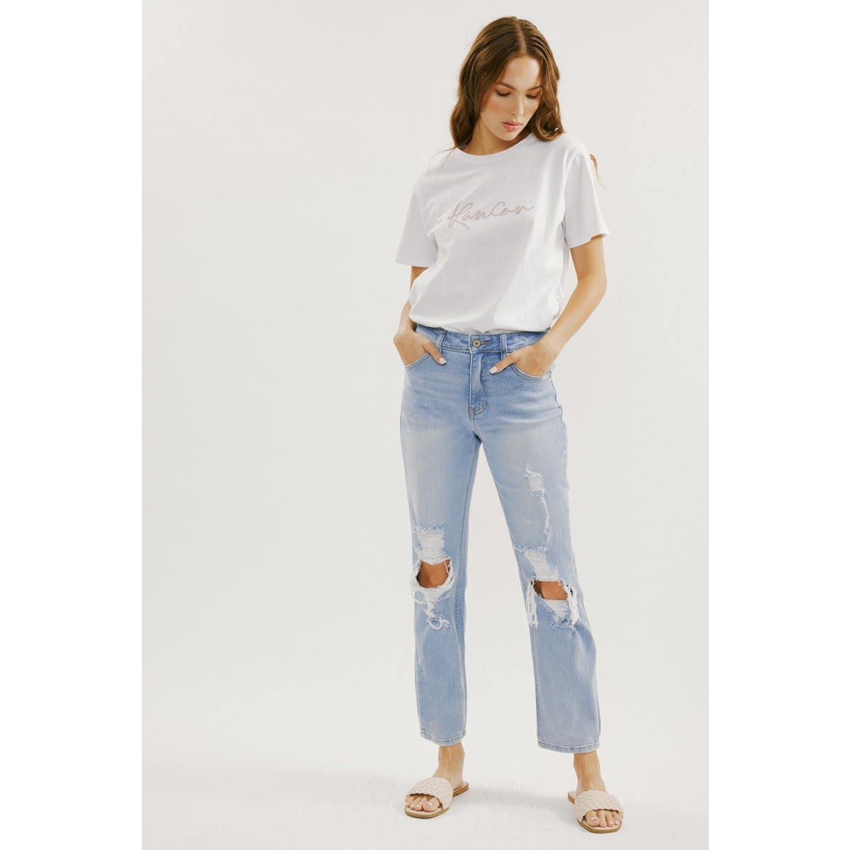 Justine Slim Straight Jeans- High Rise/ Distressed Knees – Modern Pastime